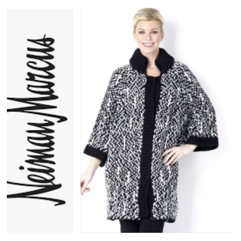 Neiman Marcus Exclusive Wool Bld Chunky Knit White Black Sweater Coat Cardigan M